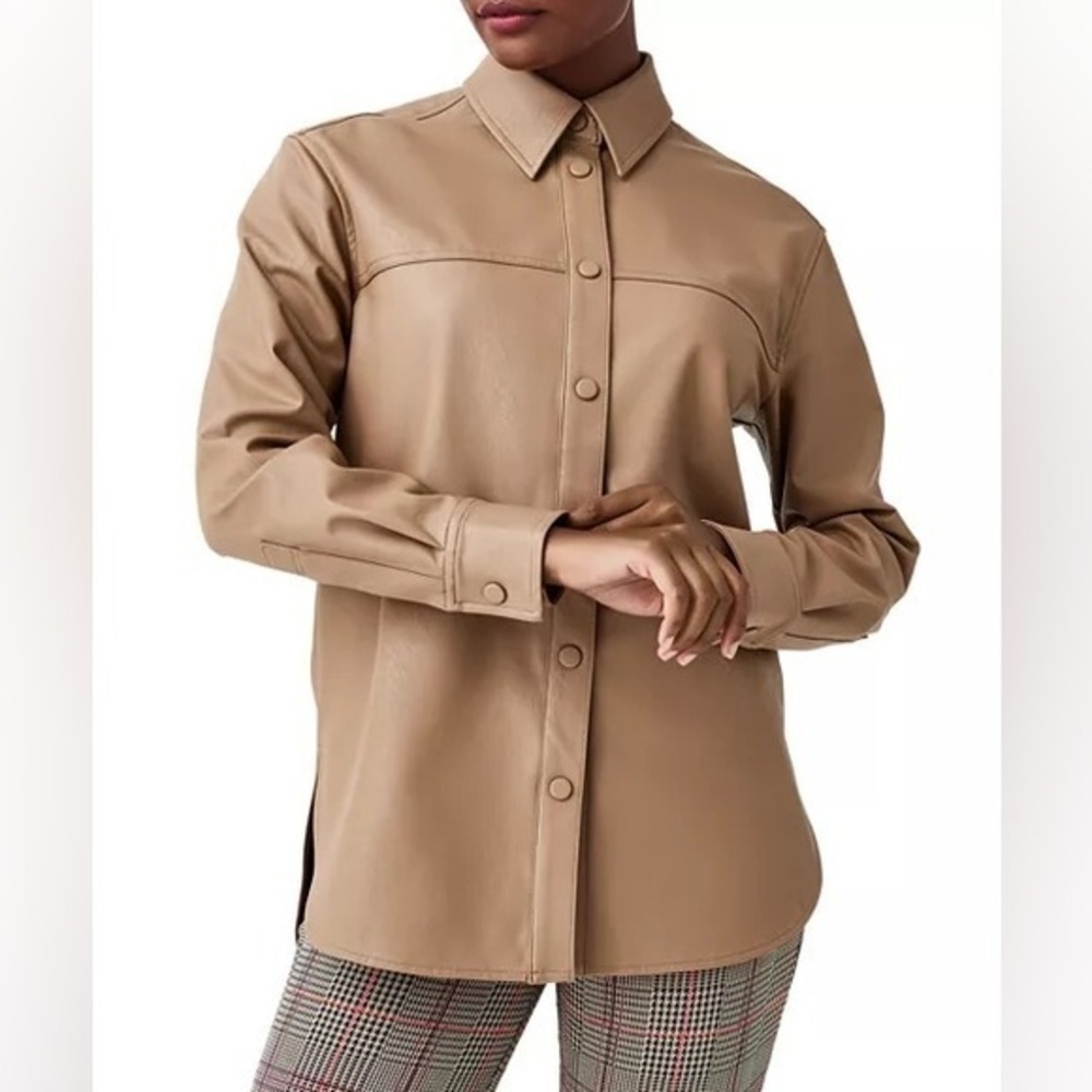 NWT SPANX Long Sleeve Faux Leather Shirt Jacket in Toffee Camel Neutral Beige